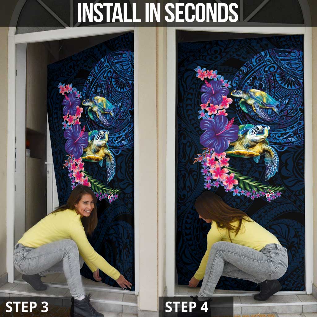 Hawaiian Plumeria and Hibiscus with Turtles Door Cover Polynesian Art Dark Cyan Color LT03 - Polynesian Pride