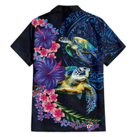 Hawaiian Plumeria and Hibiscus with Turtles Family Matching Long Sleeve Bodycon Dress and Hawaiian Shirt Polynesian Art Dark Cyan Color LT03 - Polynesian Pride