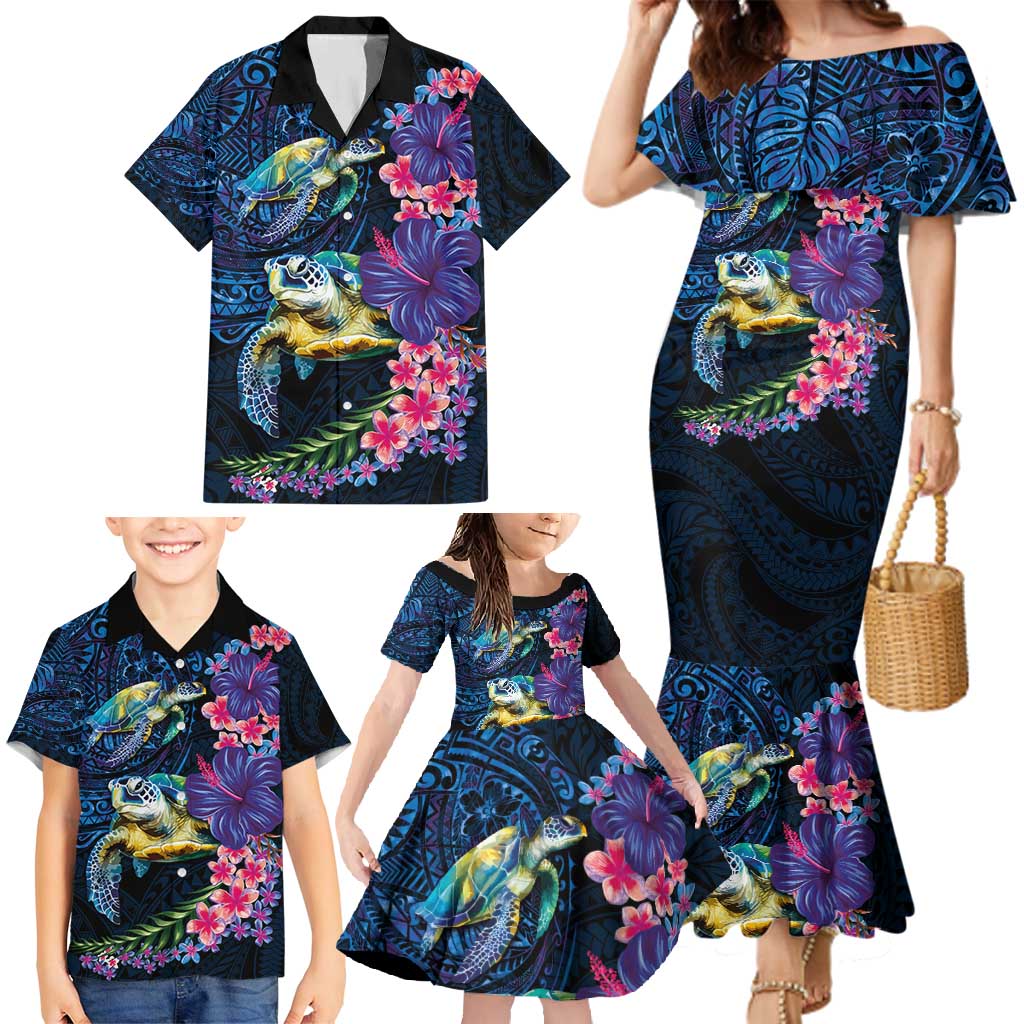 Hawaiian Plumeria and Hibiscus with Turtles Family Matching Mermaid Dress and Hawaiian Shirt Polynesian Art Dark Cyan Color LT03 - Polynesian Pride