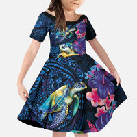 Hawaiian Plumeria and Hibiscus with Turtles Family Matching Off Shoulder Maxi Dress and Hawaiian Shirt Polynesian Art Dark Cyan Color LT03 Daughter's Dress Dark Cyan - Polynesian Pride