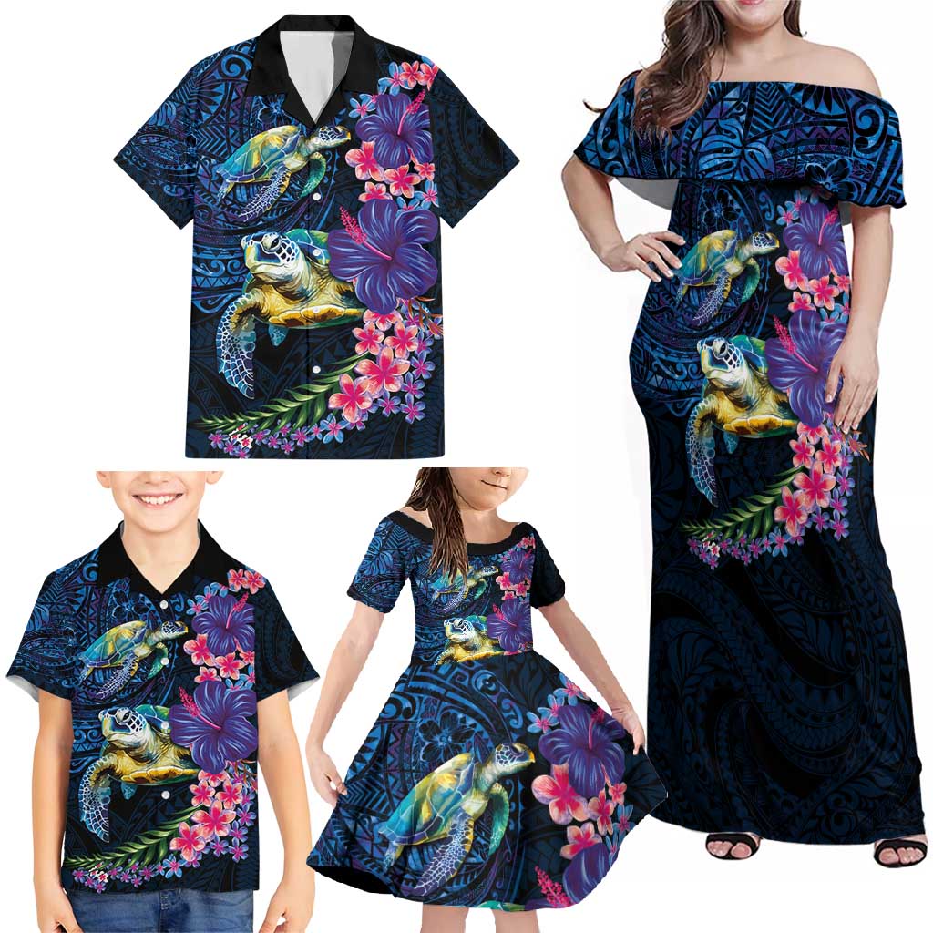Hawaiian Plumeria and Hibiscus with Turtles Family Matching Off Shoulder Maxi Dress and Hawaiian Shirt Polynesian Art Dark Cyan Color LT03 - Polynesian Pride