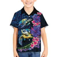 Hawaiian Plumeria and Hibiscus with Turtles Family Matching Off Shoulder Maxi Dress and Hawaiian Shirt Polynesian Art Dark Cyan Color LT03 Son's Shirt Dark Cyan - Polynesian Pride