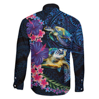 Hawaiian Plumeria and Hibiscus with Turtles Family Matching Off Shoulder Short Dress and Hawaiian Shirt Polynesian Art Dark Cyan Color LT03 - Polynesian Pride