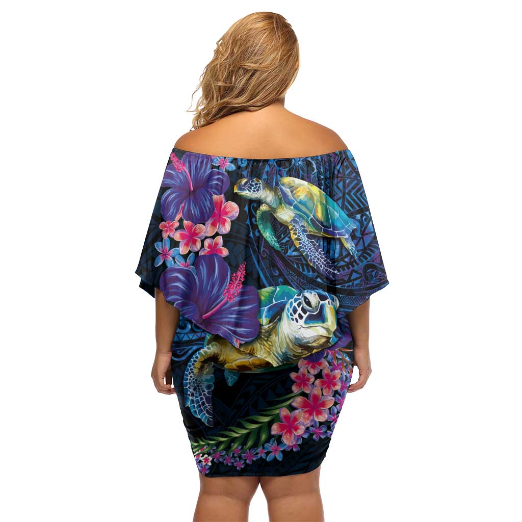 Hawaiian Plumeria and Hibiscus with Turtles Family Matching Off Shoulder Short Dress and Hawaiian Shirt Polynesian Art Dark Cyan Color LT03 - Polynesian Pride