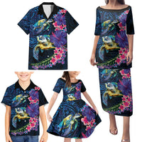 Hawaiian Plumeria and Hibiscus with Turtles Family Matching Puletasi and Hawaiian Shirt Polynesian Art Dark Cyan Color LT03 - Polynesian Pride