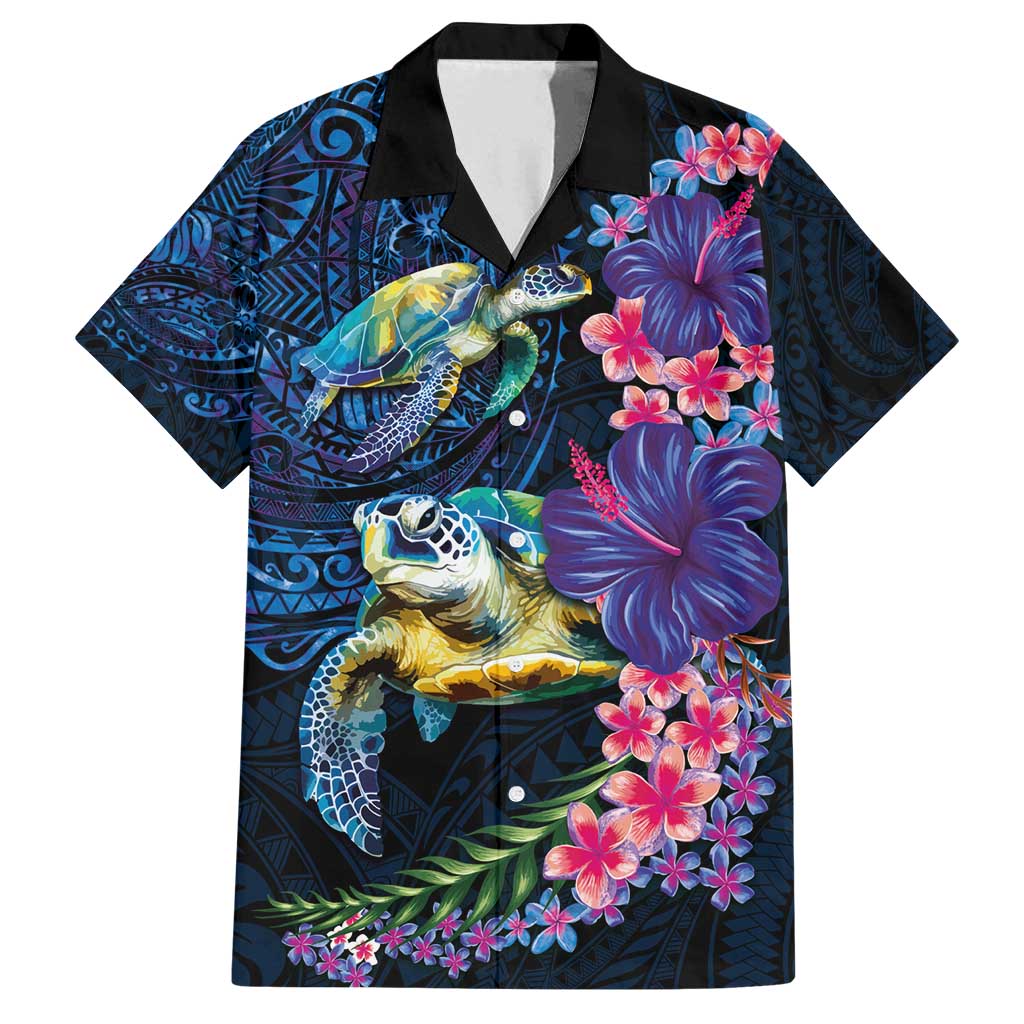 Hawaiian Plumeria and Hibiscus with Turtles Family Matching Puletasi and Hawaiian Shirt Polynesian Art Dark Cyan Color LT03 Dad's Shirt - Short Sleeve Dark Cyan - Polynesian Pride