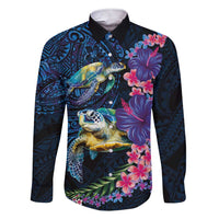 Hawaiian Plumeria and Hibiscus with Turtles Family Matching Short Sleeve Bodycon Dress and Hawaiian Shirt Polynesian Art Dark Cyan Color LT03 Dad's Shirt - Long Sleeve Dark Cyan - Polynesian Pride