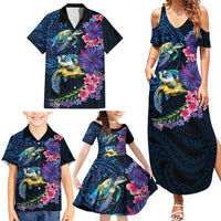 Hawaiian Plumeria and Hibiscus with Turtles Family Matching Summer Maxi Dress and Hawaiian Shirt Polynesian Art Dark Cyan Color LT03 - Polynesian Pride