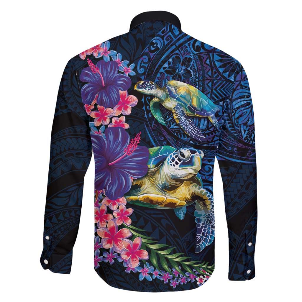 Hawaiian Plumeria and Hibiscus with Turtles Family Matching Summer Maxi Dress and Hawaiian Shirt Polynesian Art Dark Cyan Color LT03 - Polynesian Pride
