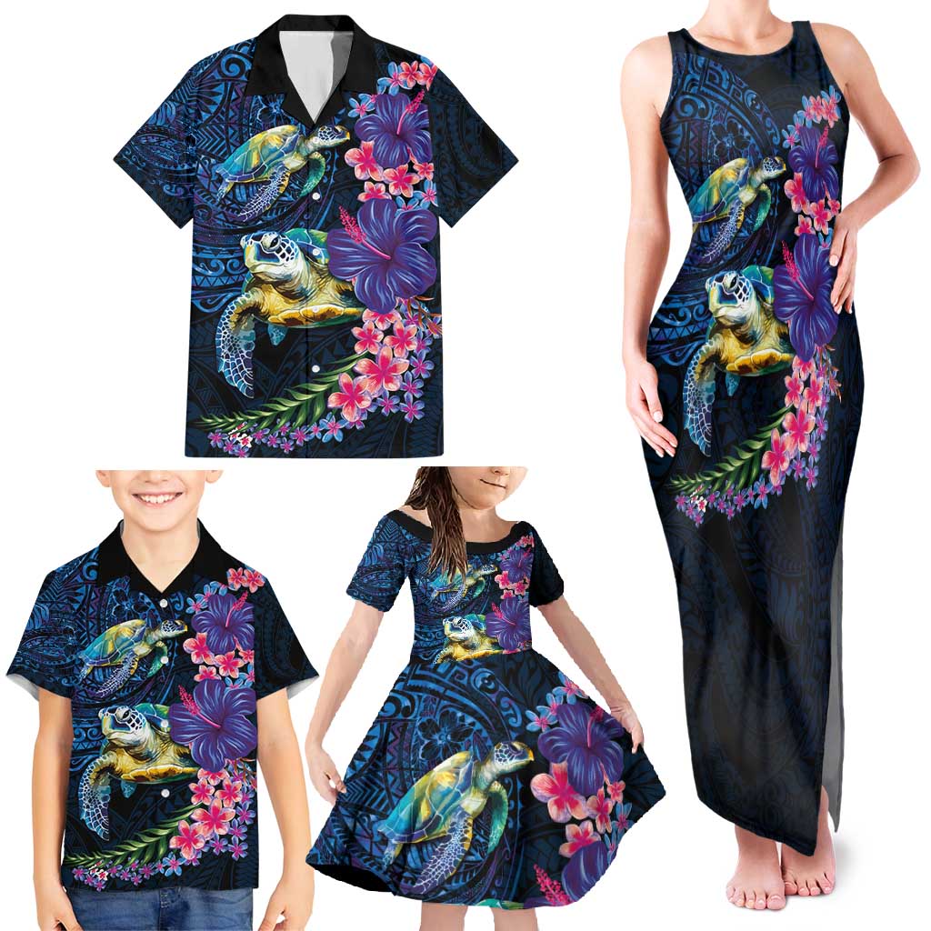 Hawaiian Plumeria and Hibiscus with Turtles Family Matching Tank Maxi Dress and Hawaiian Shirt Polynesian Art Dark Cyan Color LT03 - Polynesian Pride