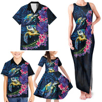 Hawaiian Plumeria and Hibiscus with Turtles Family Matching Tank Maxi Dress and Hawaiian Shirt Polynesian Art Dark Cyan Color LT03 - Polynesian Pride