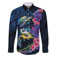 Hawaiian Plumeria and Hibiscus with Turtles Family Matching Tank Maxi Dress and Hawaiian Shirt Polynesian Art Dark Cyan Color LT03 Dad's Shirt - Long Sleeve Dark Cyan - Polynesian Pride