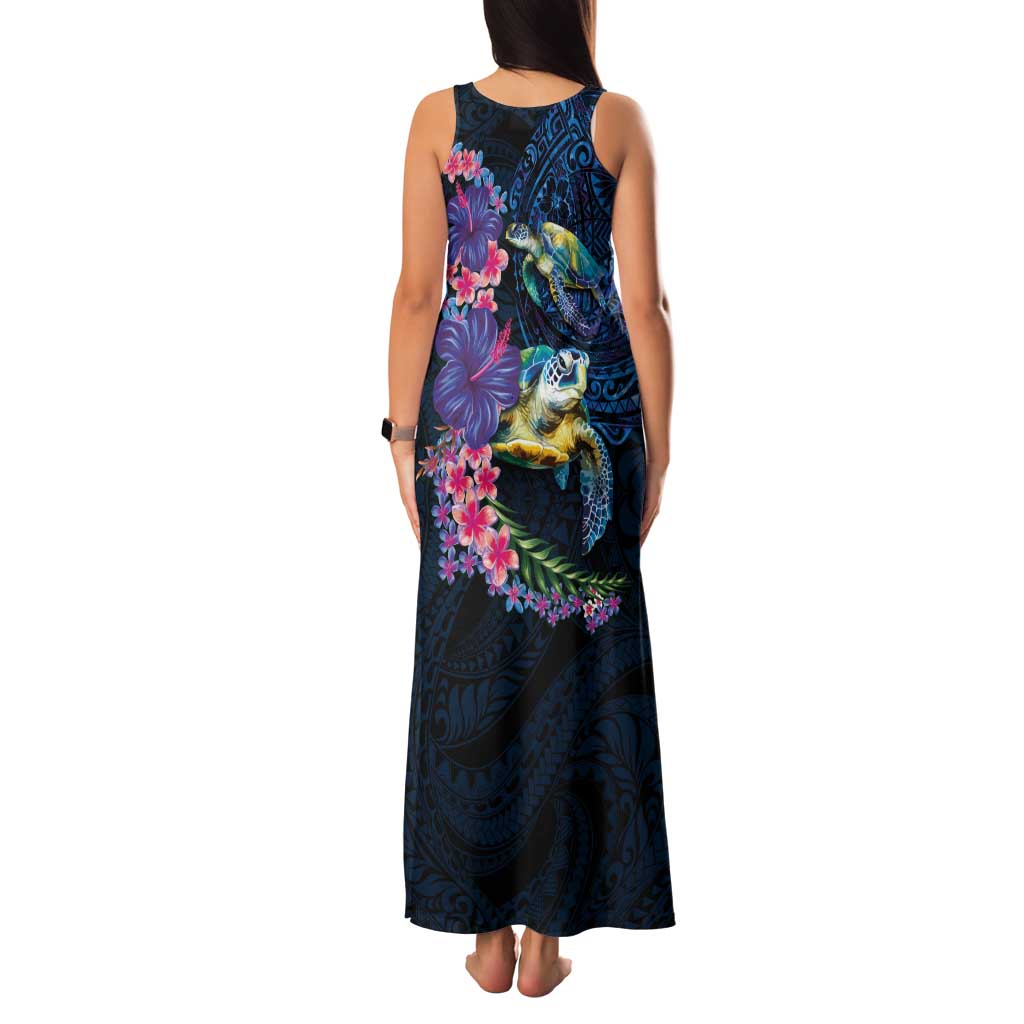Hawaiian Plumeria and Hibiscus with Turtles Family Matching Tank Maxi Dress and Hawaiian Shirt Polynesian Art Dark Cyan Color LT03 - Polynesian Pride