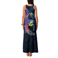Hawaiian Plumeria and Hibiscus with Turtles Family Matching Tank Maxi Dress and Hawaiian Shirt Polynesian Art Dark Cyan Color LT03 - Polynesian Pride