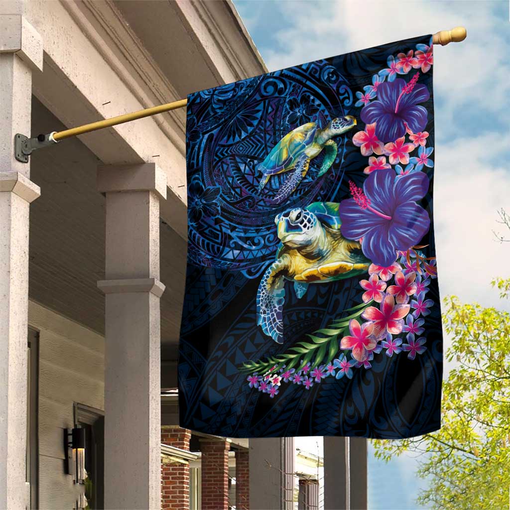 Hawaiian Plumeria and Hibiscus with Turtles Garden Flag Polynesian Art Dark Cyan Color LT03 House Flag Dark Cyan - Polynesian Pride