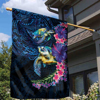 Hawaiian Plumeria and Hibiscus with Turtles Garden Flag Polynesian Art Dark Cyan Color LT03 - Polynesian Pride