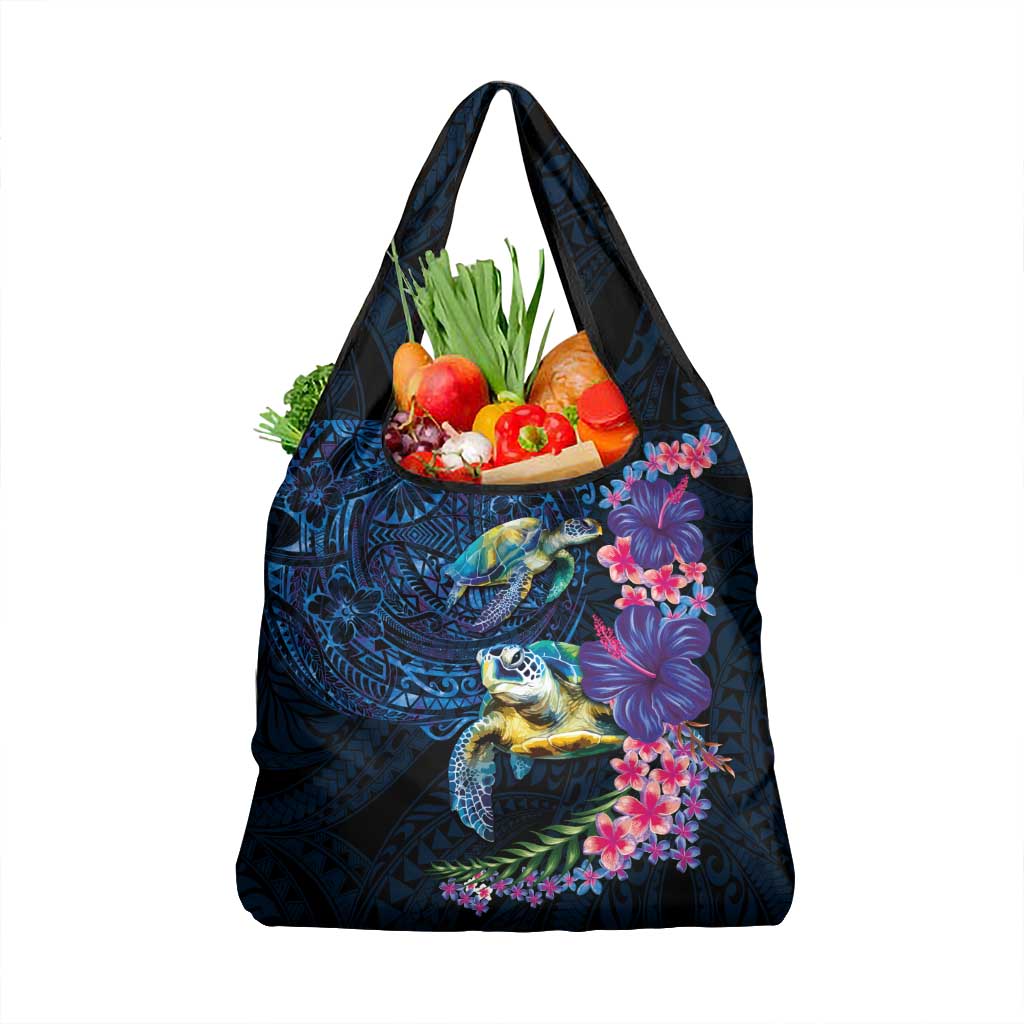 Hawaiian Plumeria and Hibiscus with Turtles Grocery Bag Polynesian Art Dark Cyan Color LT03 1-pack One Size Dark Cyan - Polynesian Pride