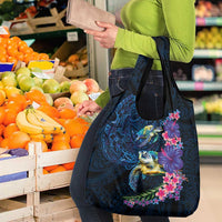 Hawaiian Plumeria and Hibiscus with Turtles Grocery Bag Polynesian Art Dark Cyan Color LT03 - Polynesian Pride