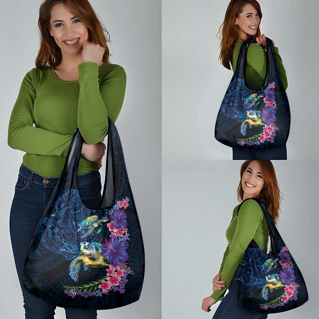 Hawaiian Plumeria and Hibiscus with Turtles Grocery Bag Polynesian Art Dark Cyan Color LT03 - Polynesian Pride