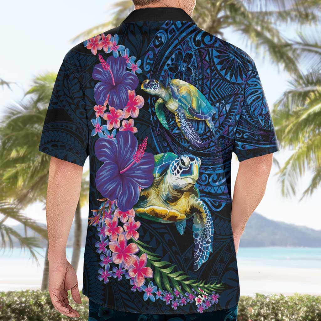 Hawaiian Plumeria and Hibiscus with Turtles Hawaiian Shirt Polynesian Art Dark Cyan Color LT03 - Polynesian Pride