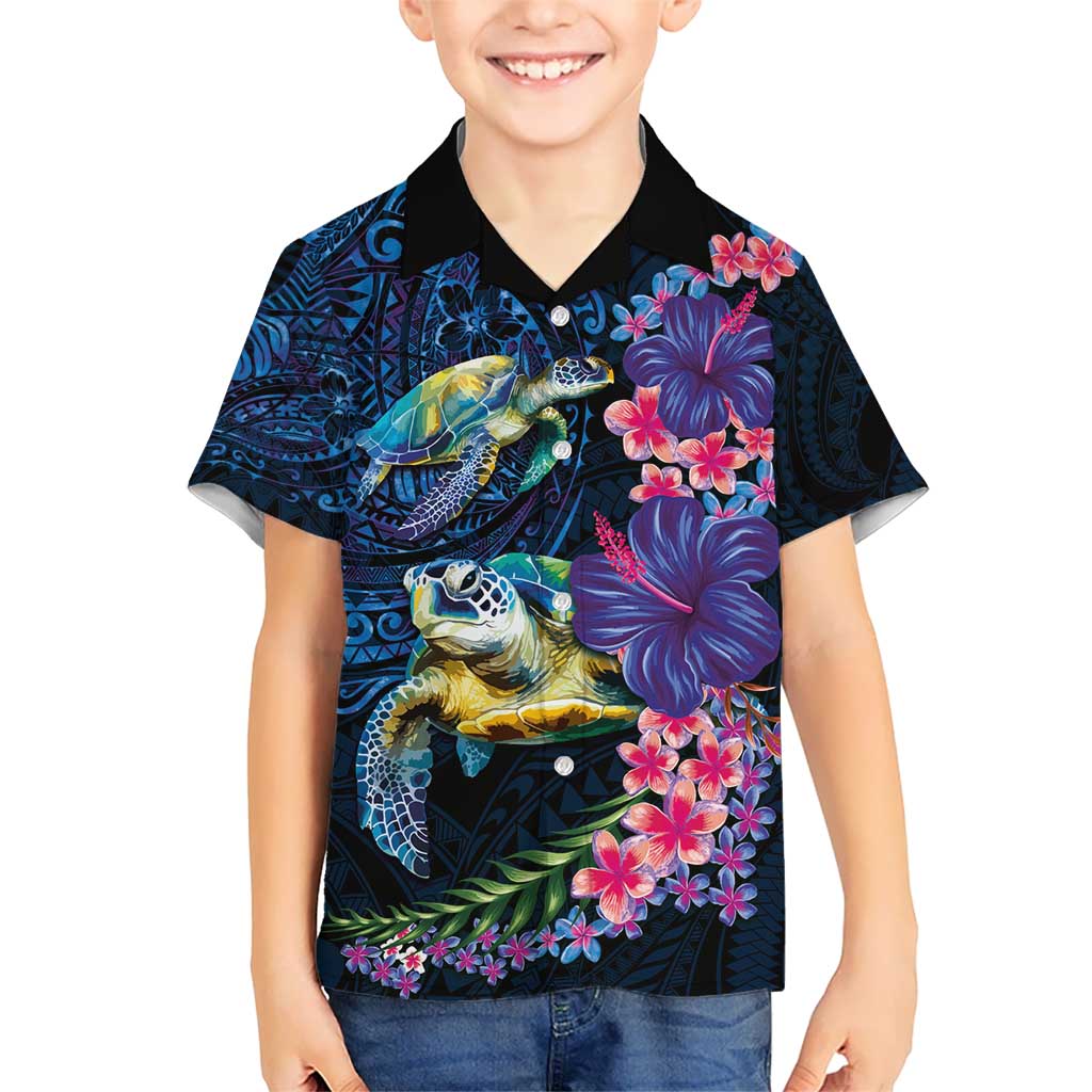 Hawaiian Plumeria and Hibiscus with Turtles Hawaiian Shirt Polynesian Art Dark Cyan Color LT03 - Polynesian Pride