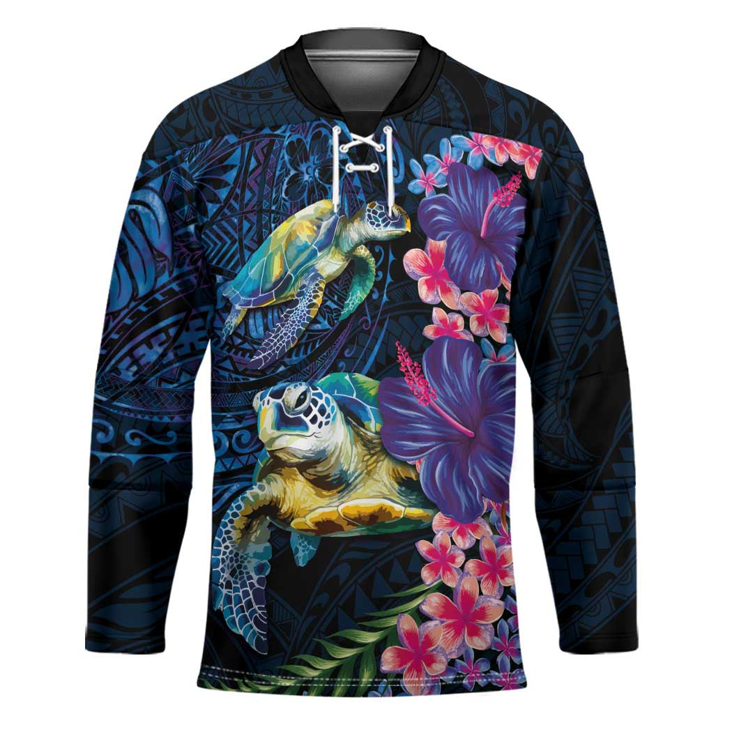 Hawaiian Plumeria and Hibiscus with Turtles Hockey Jersey Polynesian Art Dark Cyan Color LT03 Unisex Dark Cyan - Polynesian Pride