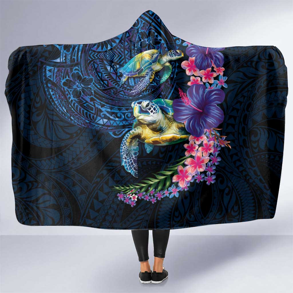 Hawaiian Plumeria and Hibiscus with Turtles Hooded Blanket Polynesian Art Dark Cyan Color LT03 One Size Dark Cyan - Polynesian Pride