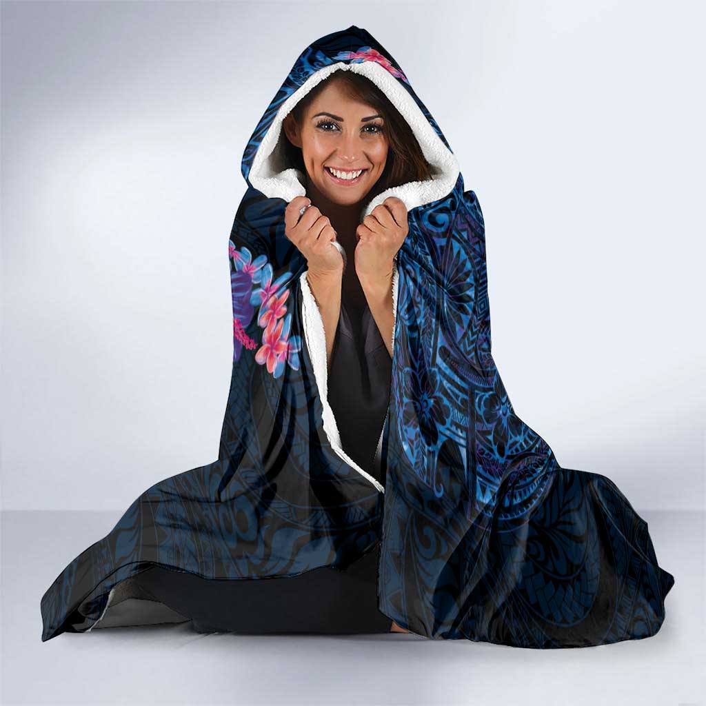 Hawaiian Plumeria and Hibiscus with Turtles Hooded Blanket Polynesian Art Dark Cyan Color LT03 - Polynesian Pride