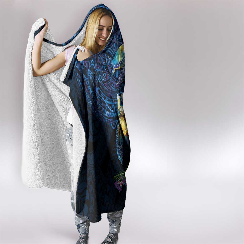 Hawaiian Plumeria and Hibiscus with Turtles Hooded Blanket Polynesian Art Dark Cyan Color LT03 - Polynesian Pride