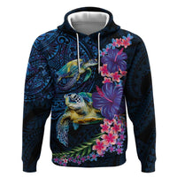 Hawaiian Plumeria and Hibiscus with Turtles Hoodie Polynesian Art Dark Cyan Color LT03 Pullover Hoodie Dark Cyan - Polynesian Pride