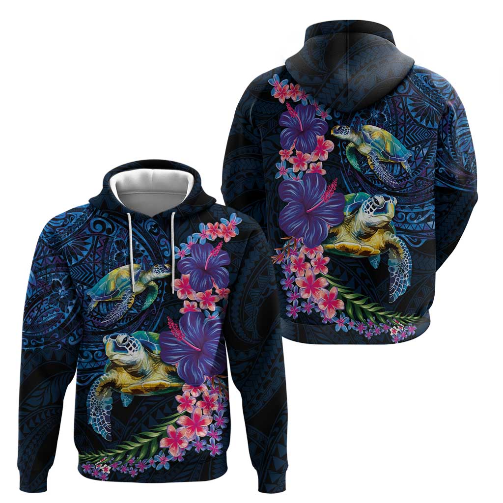 Hawaiian Plumeria and Hibiscus with Turtles Hoodie Polynesian Art Dark Cyan Color LT03 - Polynesian Pride