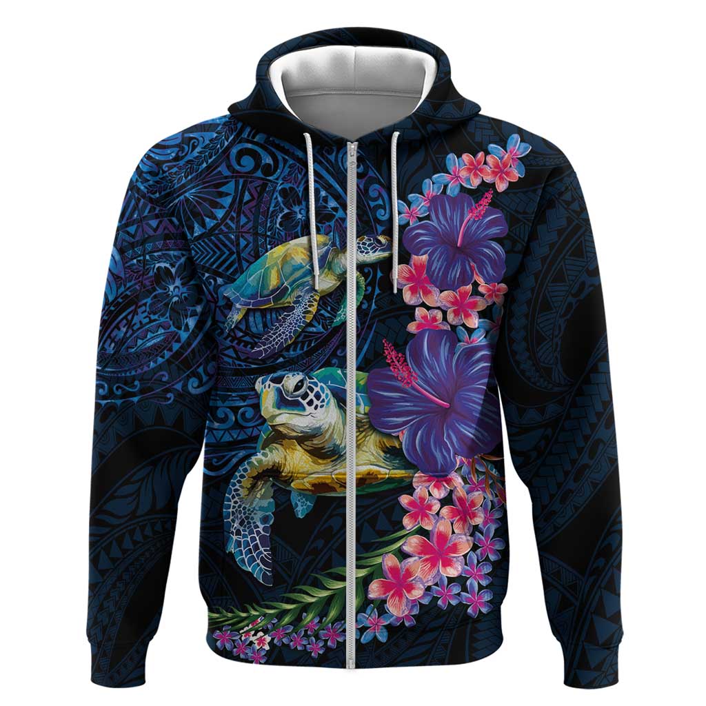 Hawaiian Plumeria and Hibiscus with Turtles Hoodie Polynesian Art Dark Cyan Color LT03 Zip Hoodie Dark Cyan - Polynesian Pride