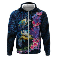 Hawaiian Plumeria and Hibiscus with Turtles Hoodie Polynesian Art Dark Cyan Color LT03 Zip Hoodie Dark Cyan - Polynesian Pride