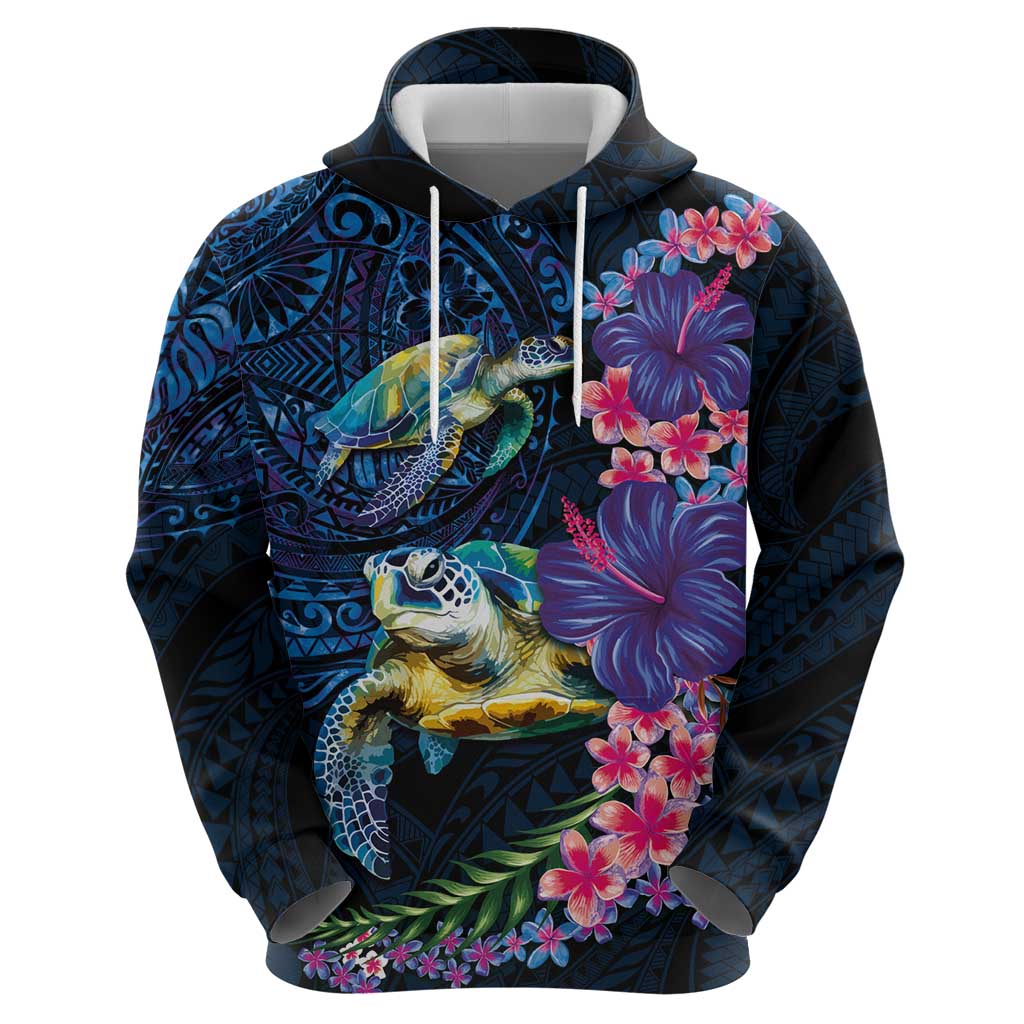 Hawaiian Plumeria and Hibiscus with Turtles Hoodie Polynesian Art Dark Cyan Color LT03 - Polynesian Pride