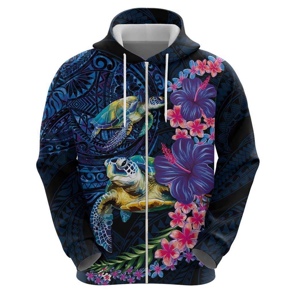 Hawaiian Plumeria and Hibiscus with Turtles Hoodie Polynesian Art Dark Cyan Color LT03 - Polynesian Pride