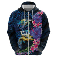 Hawaiian Plumeria and Hibiscus with Turtles Hoodie Polynesian Art Dark Cyan Color LT03 - Polynesian Pride