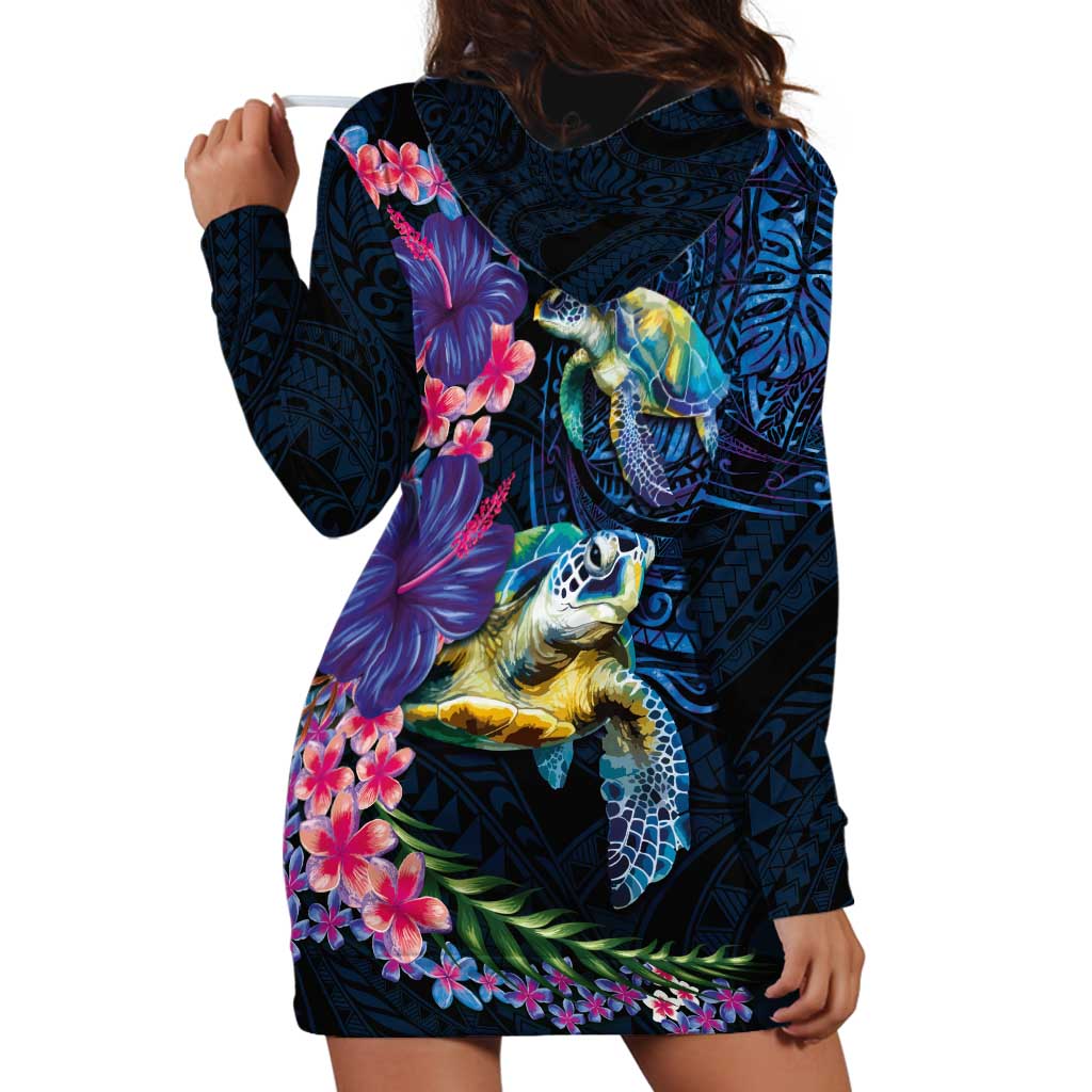 Hawaiian Plumeria and Hibiscus with Turtles Hoodie Dress Polynesian Art Dark Cyan Color LT03 - Polynesian Pride