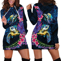 Hawaiian Plumeria and Hibiscus with Turtles Hoodie Dress Polynesian Art Dark Cyan Color LT03 - Polynesian Pride