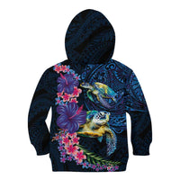 Hawaiian Plumeria and Hibiscus with Turtles Kid Hoodie Polynesian Art Dark Cyan Color - Polynesian Pride