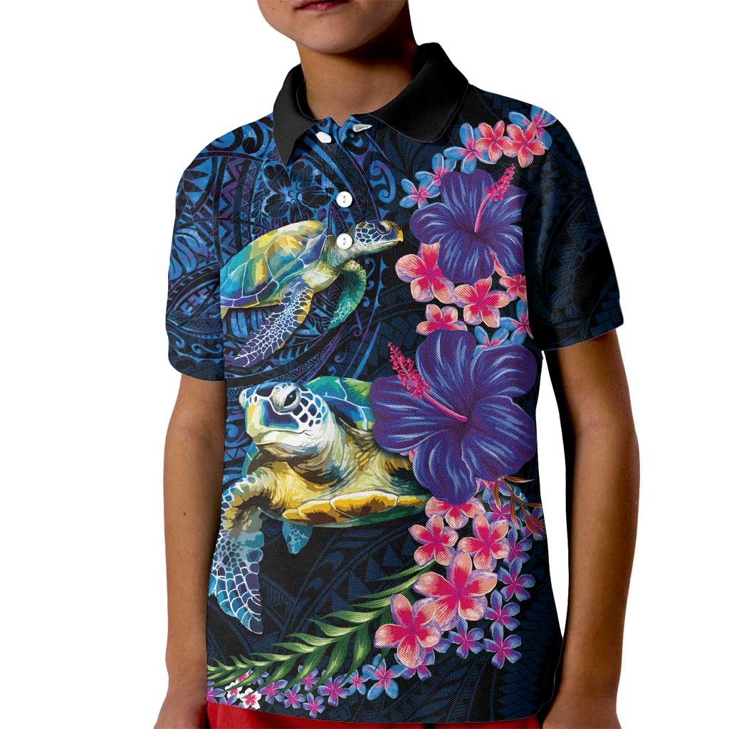 Hawaiian Plumeria and Hibiscus with Turtles Kid Polo Shirt Polynesian Art Dark Cyan Color LT03 Kid Dark Cyan - Polynesian Pride