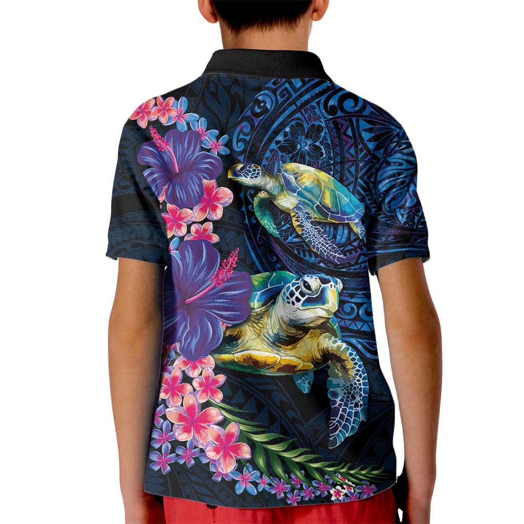 Hawaiian Plumeria and Hibiscus with Turtles Kid Polo Shirt Polynesian Art Dark Cyan Color LT03 - Polynesian Pride