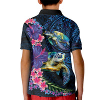 Hawaiian Plumeria and Hibiscus with Turtles Kid Polo Shirt Polynesian Art Dark Cyan Color LT03 - Polynesian Pride
