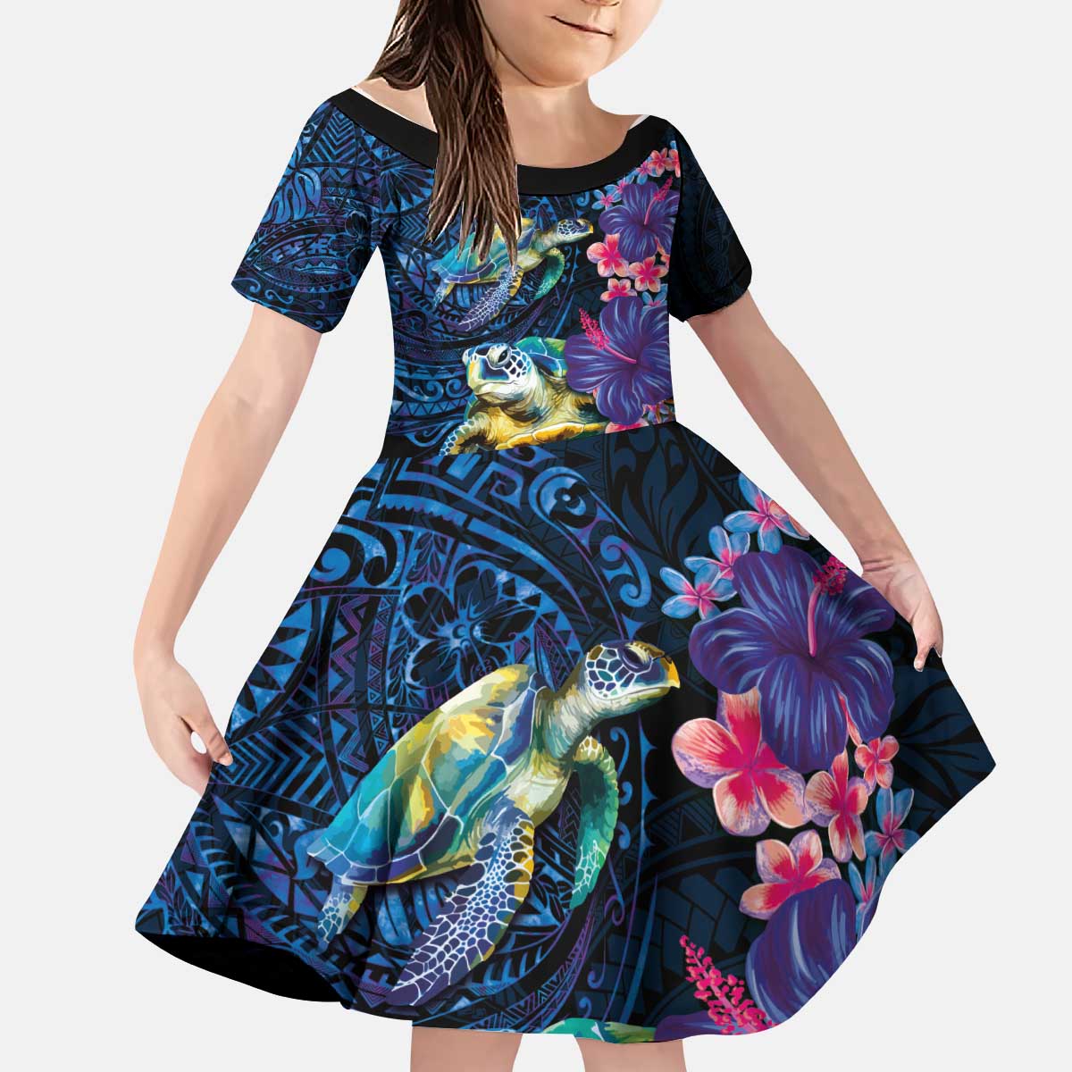 Hawaiian Plumeria and Hibiscus with Turtles Kid Short Sleeve Dress Polynesian Art Dark Cyan Color LT03 KID Dark Cyan - Polynesian Pride