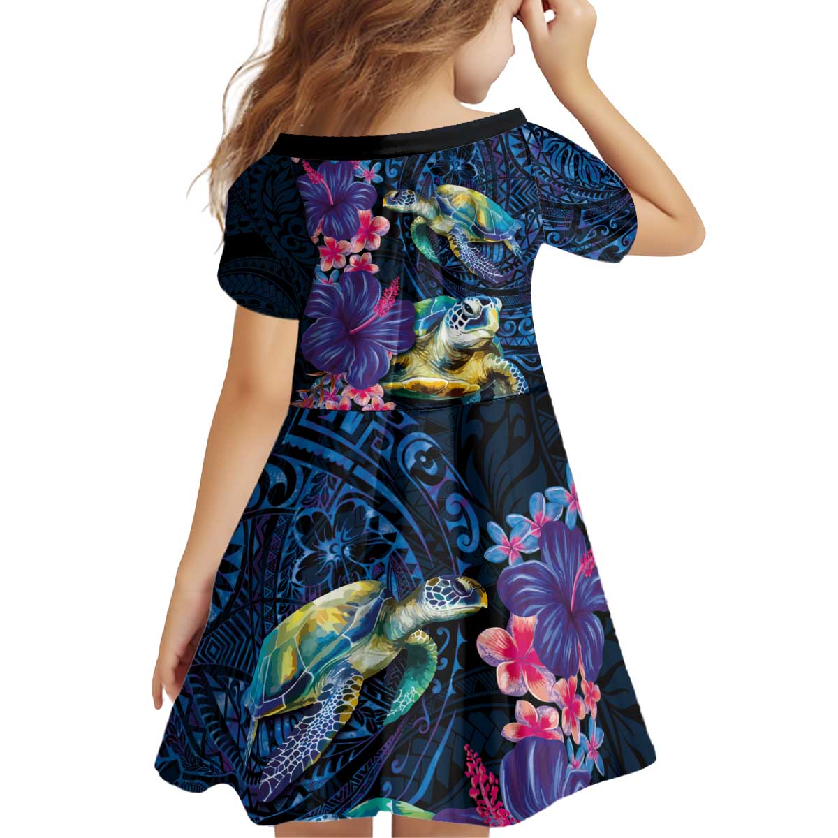 Hawaiian Plumeria and Hibiscus with Turtles Kid Short Sleeve Dress Polynesian Art Dark Cyan Color LT03 - Polynesian Pride