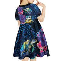 Hawaiian Plumeria and Hibiscus with Turtles Kid Short Sleeve Dress Polynesian Art Dark Cyan Color LT03 - Polynesian Pride