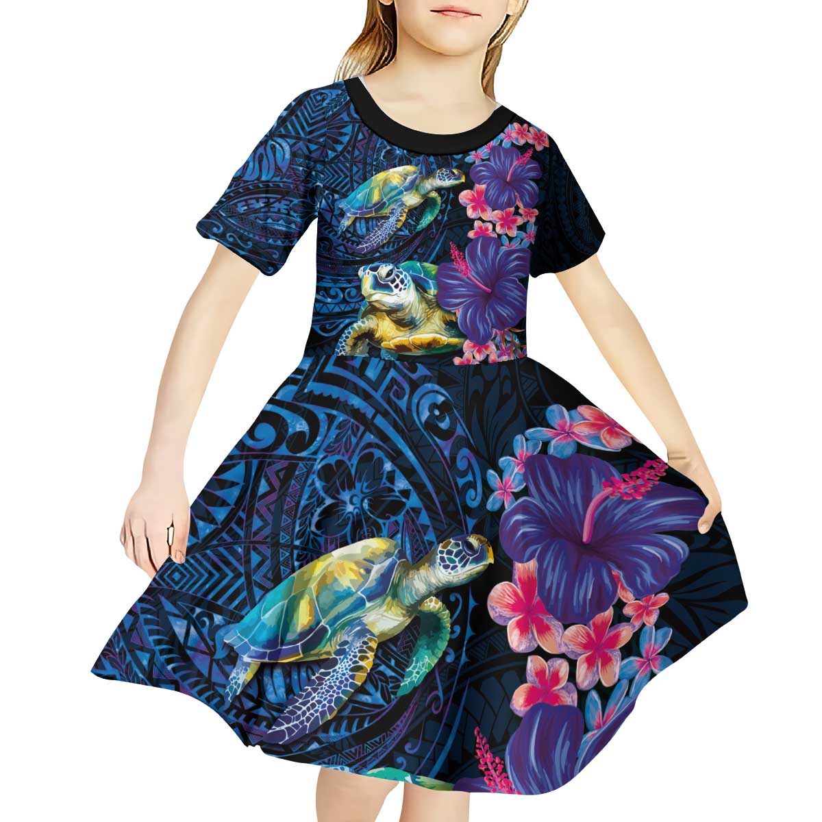 Hawaiian Plumeria and Hibiscus with Turtles Kid Short Sleeve Dress Polynesian Art Dark Cyan Color LT03 - Polynesian Pride