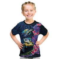 Hawaiian Plumeria and Hibiscus with Turtles Kid T Shirt Polynesian Art Dark Cyan Color LT03 Dark Cyan - Polynesian Pride