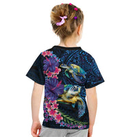 Hawaiian Plumeria and Hibiscus with Turtles Kid T Shirt Polynesian Art Dark Cyan Color LT03 - Polynesian Pride