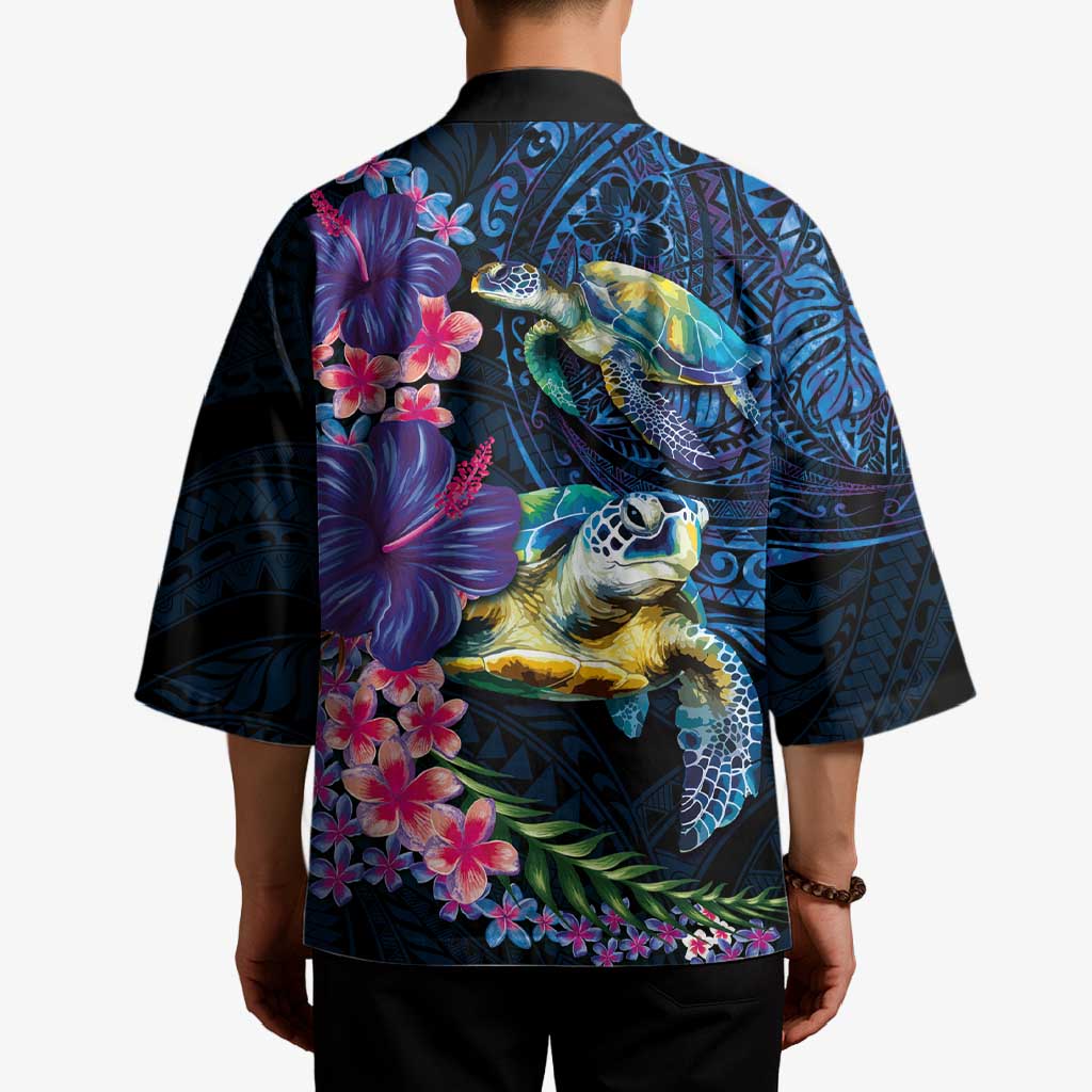 Hawaiian Plumeria and Hibiscus with Turtles Kimono Polynesian Art Dark Cyan Color - Polynesian Pride