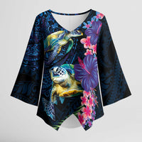 Hawaiian Plumeria and Hibiscus with Turtles Kimono Sleeve Blouse Polynesian Art Dark Cyan Color LT03 Female Dark Cyan - Polynesian Pride